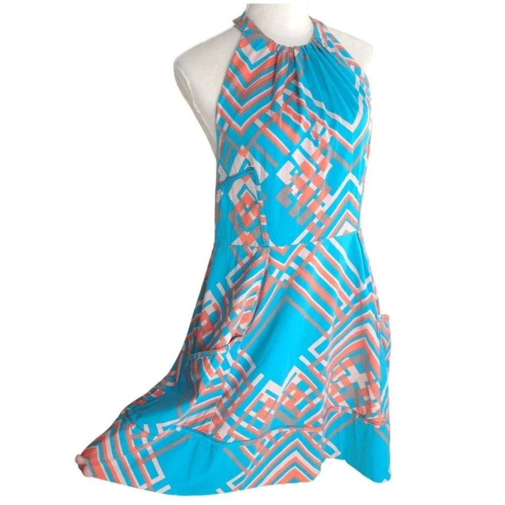 Jessica Simpson Dress Size 14 Blue Geometric Halter Pockets Stretch Cotton Lined